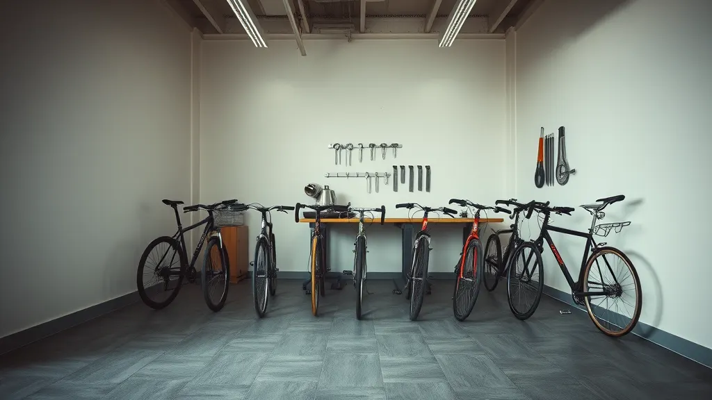 The shop floor at Cogset with bicycles against the wall and the workshop bench behind