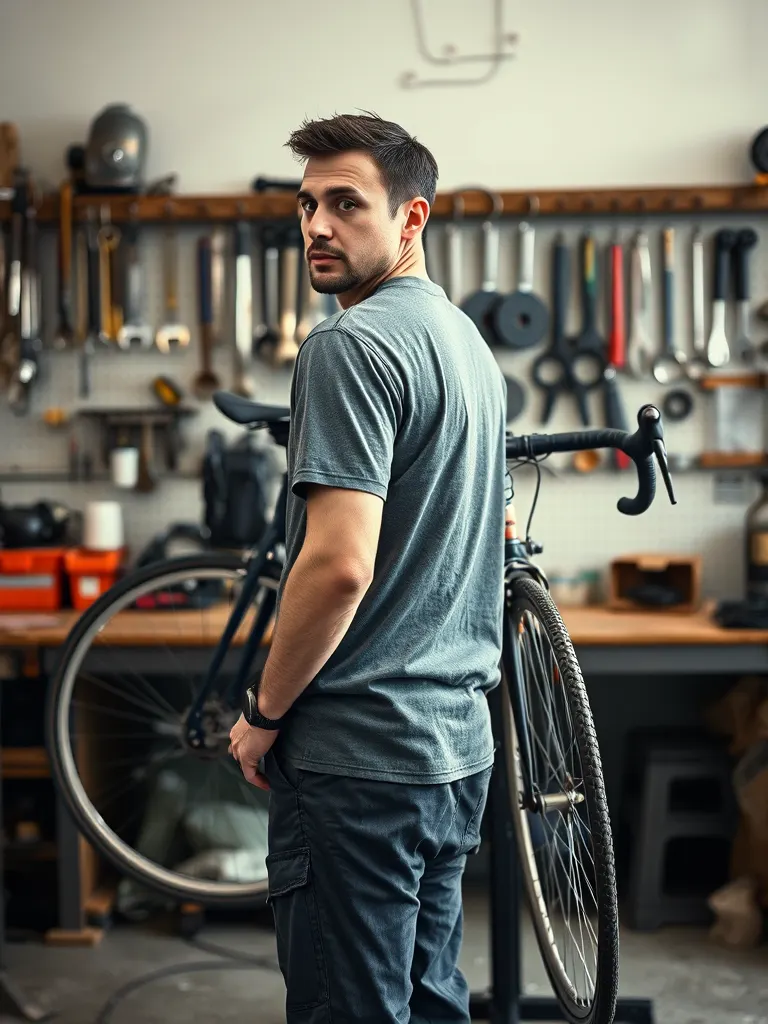 A mechanic at the open workshop bench with a bicycle in the stand