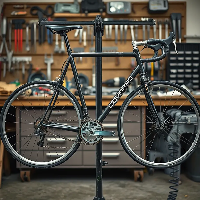 A bicycle in the workshop stand with the wheels out