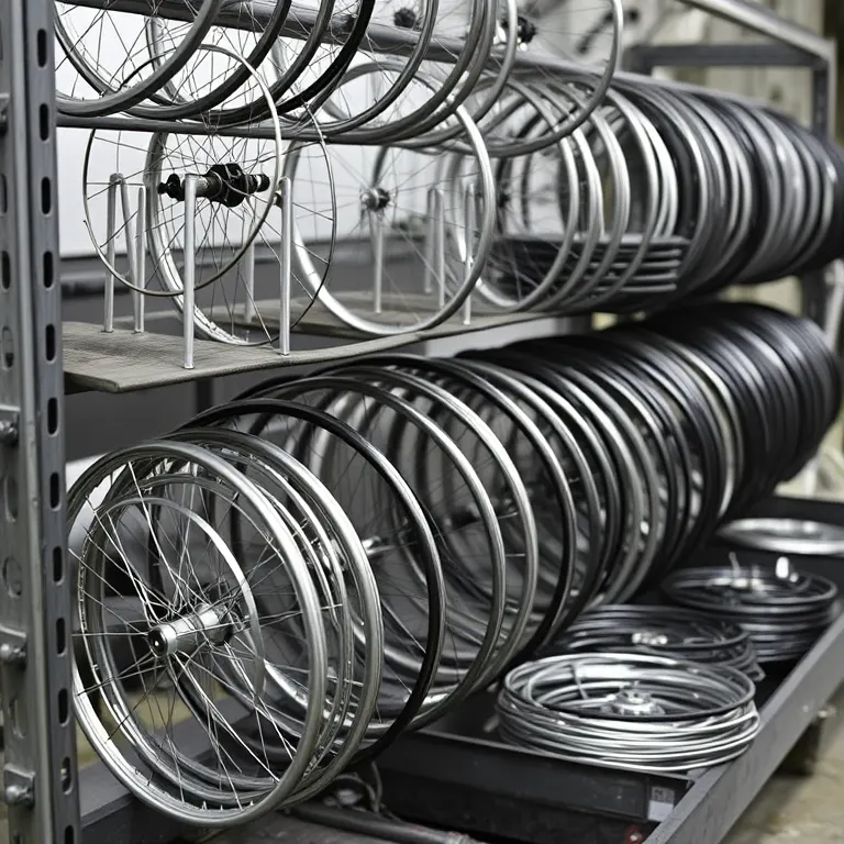 A rack of hubs and rims waiting to be laced