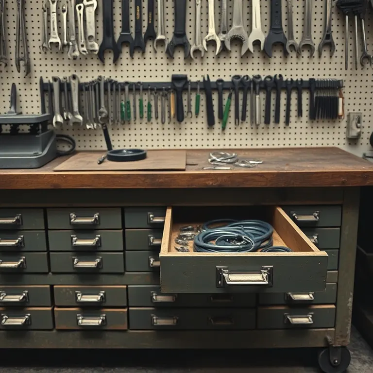 Drawers of small parts and a wall of tools above the bench